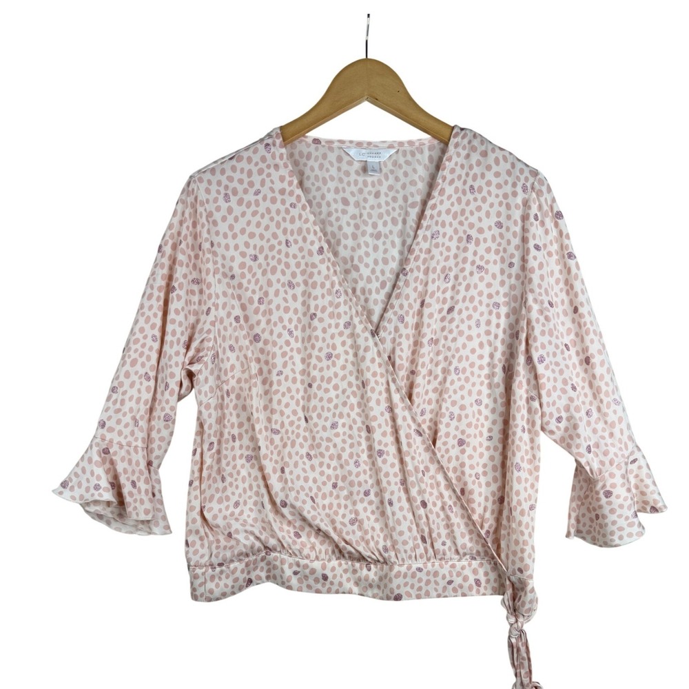 LC Lauren Conrad Womens Polka Dot Bell Sleeve Wrap Top Size Large Pink Sparkle